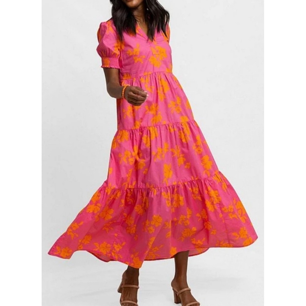 Southern Tide Nadine Pink Orange Floral Tiered Maxi Dress Garden Party Resort XS